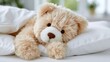 © OleksandrZastrozhnov - Plush teddy bear resting on white pillow indoors