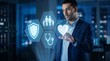 © Macrostock - Digital health insurance and medical protection concept with business professional verifying healthcare coverage policy on interface, representing safety, family protection, healthcare benefits