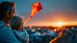 © Aliaksandra - Father and child flying a kite together at sunset, warm family moment outdoors