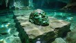 © Alexey - Jade mask rests on stone pedestal inside submerged ancient ruin. Archeologist discovery of sunken civilization temple. Mysterious relic underwater excavation for historical research project.