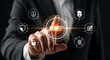 © DA_STOCK - Integrity shield cyber security concept, businessman touching digital protection interface, corporate data privacy and network safety icons