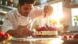 © milawati - Chef meticulously decorating a fresh berry cheesecake with a raspberry glaze, warm sunlight streams through the kitchen window, creating a cozy atmosphere