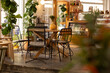 © Natasha Lee - interior of trendy city cafe with natural light, warm wood, and fiddleleaf fig plant and blurry foreground element