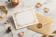 © Blur - Elegant white greeting card with gold floral border and envelope with empty copy space for wedding invitation