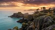 © Svitlana - Scenic view of jagged coastal rocks under a colorful sunset sky, natural outdoor scene, scenic depth, balanced composition, soft natural light, realistic texture, crisp focus, gentle atmosphere,
