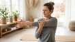 © Sanych - Middle-aged woman performing arm stretching exercises, wellness concept, self care, healthy routine, natural light, photorealistic, high detail, crisp focus, balanced composition, premium stock