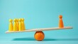 © Pete - Five yellow figures and one orange figure on seesaw. Group versus individual concept on tilted plank. Wood game pieces represent unequal balance on orange.