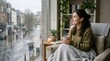 © Coosh448 - Woman enjoying a peaceful moment on a rainy day, reflective lifestyle portrait with calm emotion and soft atmosphere for wellbeing, self care and quiet urban living themed content, clean composition,