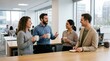 © Настя Шевчук - Colleagues enjoying coffee break and informal conversation in office in a polished commercial scene, versatile concept for branding, editorial storytelling and marketing visuals, clean composition,