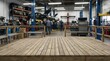 © Svitlana - Empty wooden deck with blurred auto workshop behind, industrial display mockup for garage services, tool branding and mechanical stock, practical atmosphere, clean presentation surface and polished