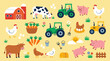 © fusiangkara - Charming farm scene with various animals including cows pigs and chickens alongside tractors and a barn in a cheerful cartoon style