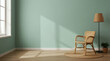 © Viktor - Minimalist scandi room corner with wicker chair and floor lamp. Pastel green wall and window with sun shadow. Empty space for text or product.