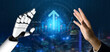 © InfiniteFlow - A human hand reaches toward a robot hand amidst a backdrop of digital growth indicators and data visualization, symbolizing collaboration in a technology-driven future. Cyphers