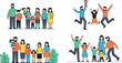 © MbBasir - Happy Family Vector Illustration Set with Parents and Children in Various Poses Including Standing, Hugging, Playing, Jumping, and Outdoor Activities for Lifestyle and Parenting Designs.