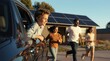© Viktor - Family runs from car towards house with solar panels. People enjoy sustainable lifestyle and alternative energy. Children and parents smile happily together, outdoor fun.