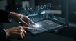 © Sutatik  - Pessoa interagindo com análise de dados e tecnologia de interface de tablet futurista