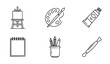 © GULSHAN - Clean black and white outline vector art supplies illustration set simple minimalist drawing of easel palette paint tube and pencils