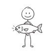 © Journey - Stick Figure Man Holding Big Fish Catch Fisherman Success Vector Drawing Illustration
