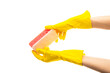 © Рудой Максим - Hands up yellow rubber cleaning gloves holding sponge isolated on white background. Place for text. Professional cleaning concept