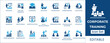 © FlatCore Studio - Corporate training icon set featuring professional development, e-learning, leadership coaching, career growth, employee onboarding, mentorship, and seminar presentation symbols.