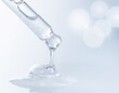 © mm29 - Close-up of a clear viscous hyaluronic acid serum dripping from a glass dropper, glossy and hydrating texture, purity, clean background, soft focus bokeh, 8k, highly detailed.