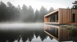 © Creative Deeds - A minimalist wooden cabin features large glass windows and modern architectural design creating a sophisticated living space for luxury relaxation