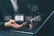 © Nirusmee - AI-powered e-library concept with digital books and online knowledge base, representing e-learning, education technology, and connected knowledge networks.