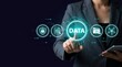 © T Studio - Data governance, data management, cybersecurity, compliance, big data, information privacy, cloud storage icon interface for businesswoman using tablet and secure digital technology.