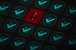 © Suppachok N - Digital error alert icon highlighted in red among successful blue checkmarks on dark screen. System failure and data validation concept.