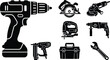 © Hashini - Professional power tools icon set including cordless drill, circular saw, and hardware equipment silhouette vector for construction, carpentry, and home renovation projects