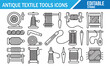 © SANTI - Textile Workshop Outline Icons with Vintage Tools and Yarn Supplies