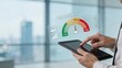 © Jessica - Business man using tablet device analyzing risk management level in modern office digital dashboard showing Low Medium High gauge chart for strategic corporate decision making