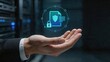 © DDavid - Businessman holding digital document security concept information protection technology data safety shield icon cyber security cloud system server room background