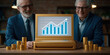 © javu - Business two elderly businessmen smiling over retro computer displaying financial growth chart