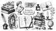 © Artem - Romantic academia set with book bust globe inkwell vintage engraving