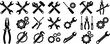 © Jannatul - Collection of black industrial tool icons including wrenches hammers and gears for repair service maintenance and construction vector illustration