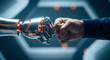 © fitria - A close-up shot of a human hand and a robotic arm fist-bumping, symbolizing collaboration and the future of technology.