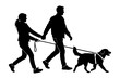 © Igor - Silhouette of couple walking dog in casual attire.