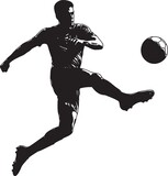 Dynamic soccer player silhouette kicking ball with powerful motion captured in action ideal for sports advertisements and athletic event promotions.