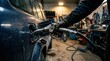 © Viacheslav - Fuel nozzle inserting into a car tank with dramatic lighting, refueling scene for energy, transport and automotive industry campaigns, focused action, crisp metallic detail, workshop atmosphere,