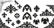 © Graphiccircle - Vintage gothic elements, ornate silhouette borders, heraldic fleur-de-lis, decorative cathedral windows, black bat icons, Victorian filigree ornament set