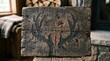 © lynkid1966 - Stencilled antlers adorn rustic wooden plank near stone fireplace indoors