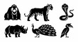 © DanOnly - Set of wild animal silhouettes including tiger orangutan rhino cobra peacock and hornbill icons for minimalist wildlife design