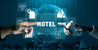 © InfiniteFlow - Hands of a Human and a Robot Interacting Over Digital Hotel Technology with Graphs, Icons, and Communication Elements in a Futuristic City Background Quark.