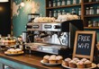 © twilight mist - Commercial espresso machine sits on a wooden counter inside a coffee shop with muffins and a wifi sign.