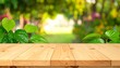 © deni - Empty wooden tabletop with lush green betel leaves and a soft blurred natural garden background. Perfect for product display or food mockup template