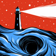 © RANICOLLECTION369 - A lighthouse on the edge of a black hole, casting a beam of pure white light.
