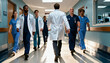 © Future Vision - Walking doctor in white coat leading medical team down hospital corridor, wearing stethoscopes