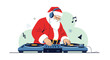 © Shakil - Modern Santa Claus wearing headphones and working as a DJ at a turntable with musical notes on a white and light blue background.