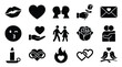 © GJ - A collection of romantic and love-themed icons, including kisses, hearts, couples, roses, and envelopes, suitable for digital design and communication.